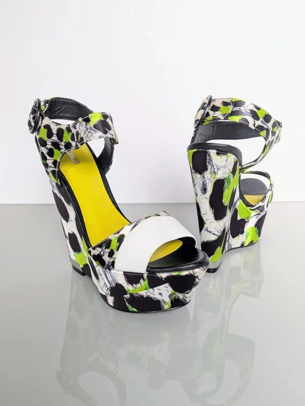 Just Cavalli Y2K Neon Black White Animal Print Open Toe Wedge Heels Size 38